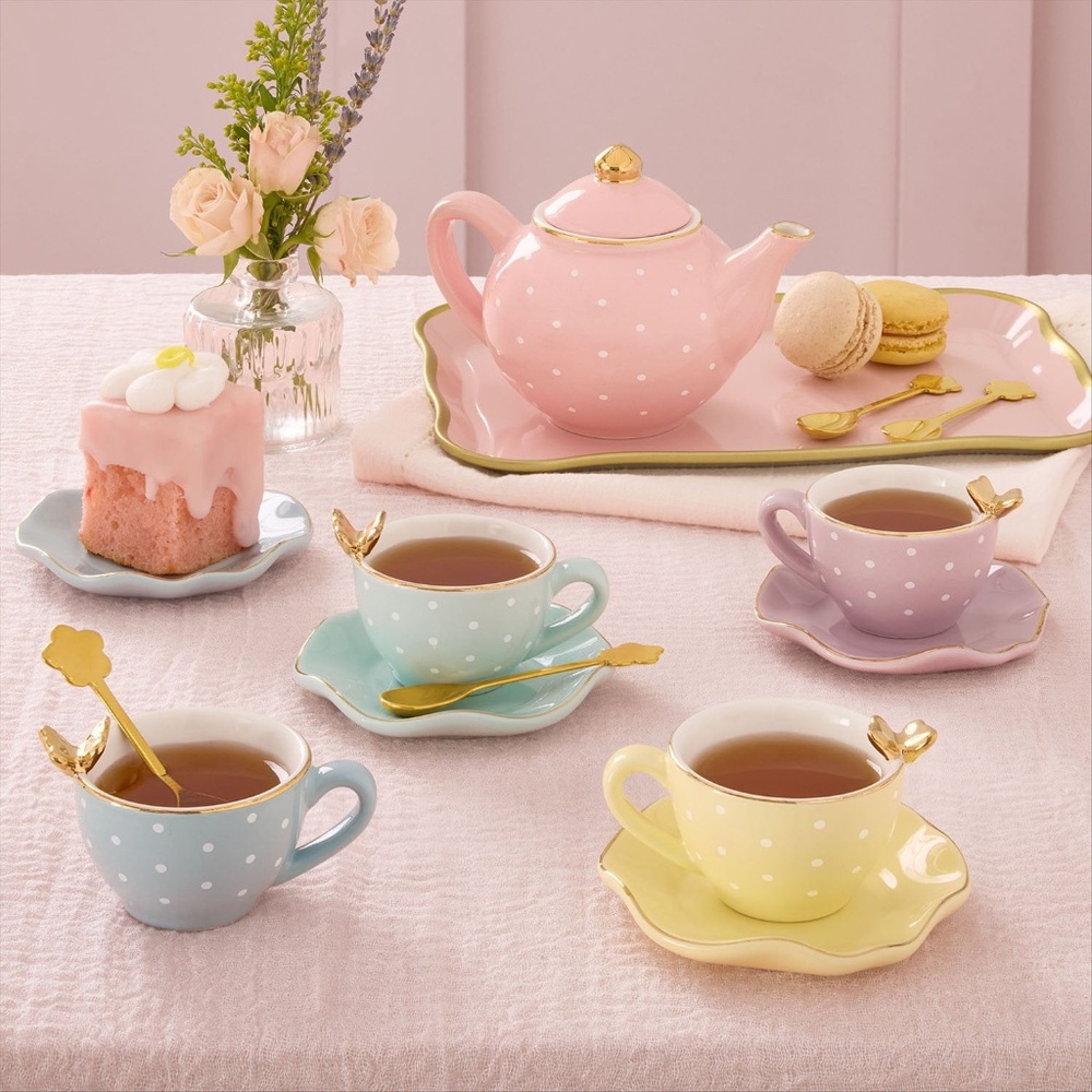 Girls Pastels with Poka Dots and Golden Butterfly Porcelain Tea Set NIB